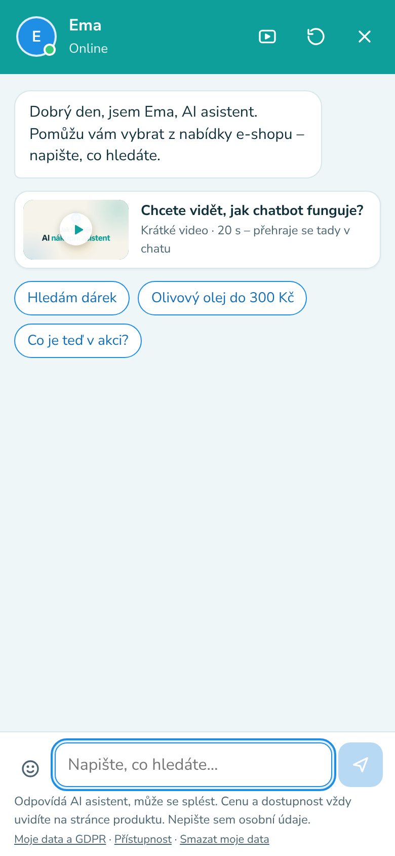 Otevřený chat s uvítáním, krátkým videem o chatbotovi a tlačítky s rychlými dotazy.